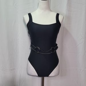 Cupshe Women's NWT Aviana Black Square Neck Belted One Piece Swimsuit Sz Medium